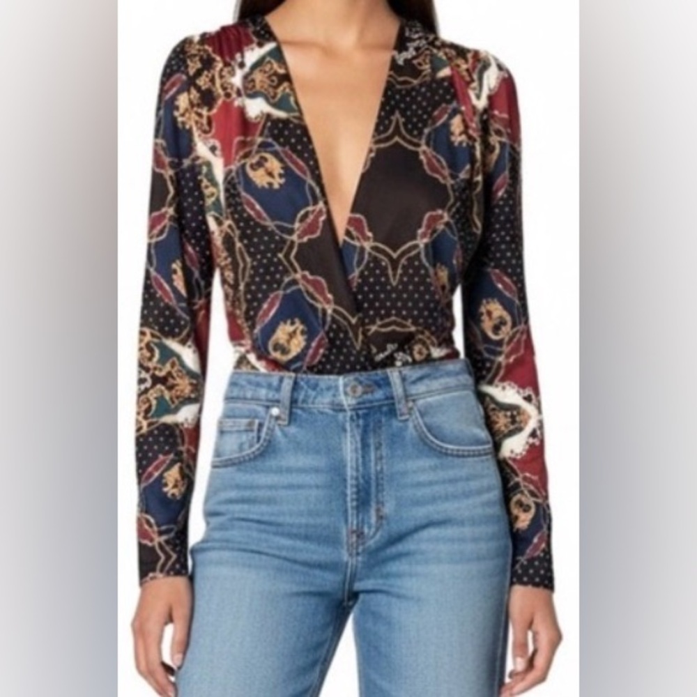 Zara Nautical Wrap Bodysuit Top Blue Burgundy Chains